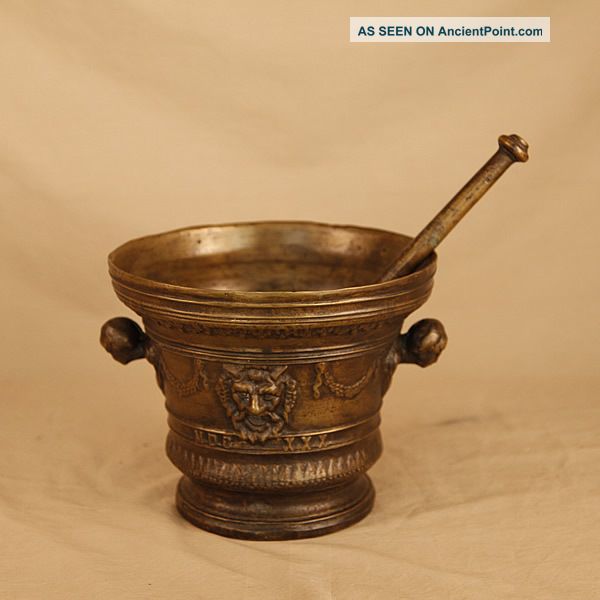 Dated 1630 Solid Bronze Mortar With Pestle Other photo