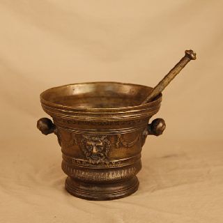 Dated 1630 Solid Bronze Mortar With Pestle photo