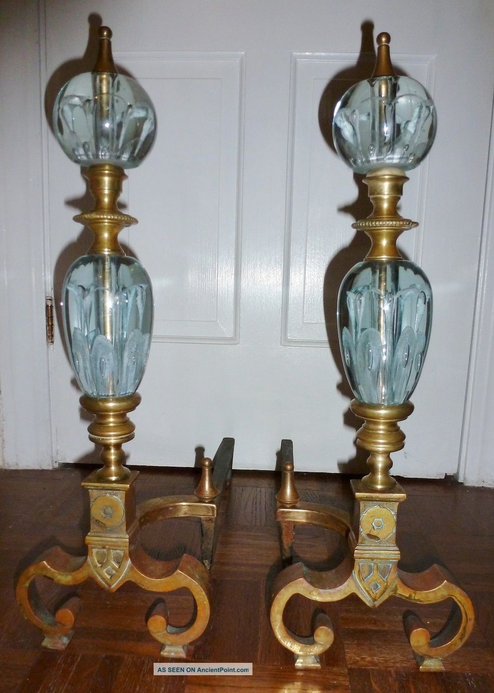 Exquisite Art Deco Andirons With Art Glass & Brass 23 Inches Tall Hearth Ware photo