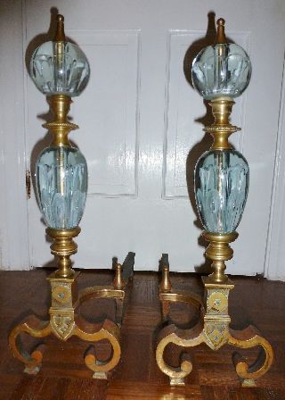 Exquisite Art Deco Andirons With Art Glass & Brass 23 Inches Tall photo