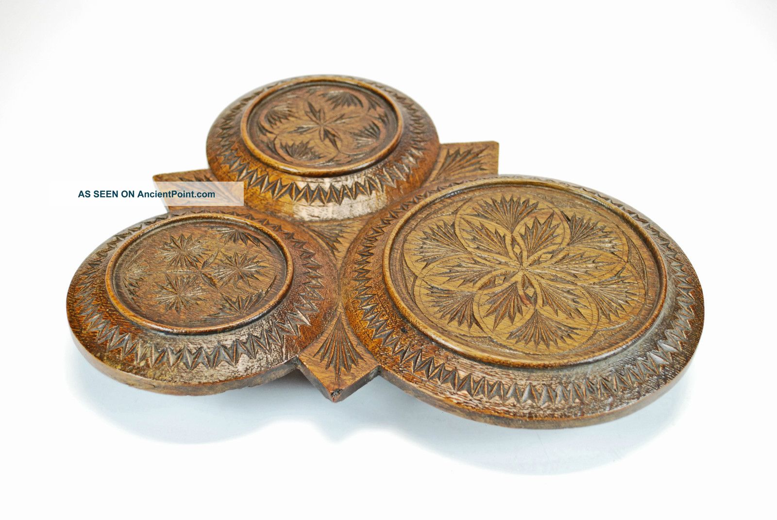 Antique Frisian Chip Carved Oak Trivet For 1 Wine Bottle & 2 Glasses,  Dutch. Trivets photo