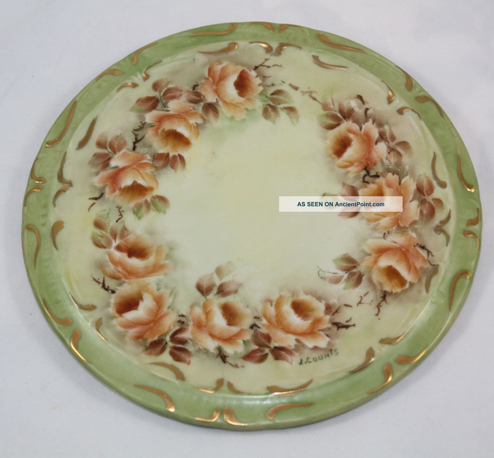 Antique Round Porcelain Trivet With Flowers ~ Signed L.  Counts Trivets photo