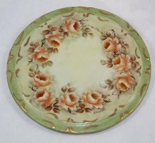 Antique Round Porcelain Trivet With Flowers ~ Signed L.  Counts photo