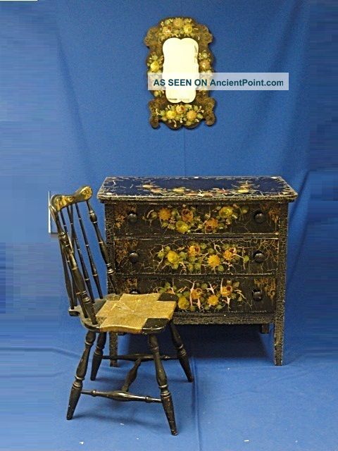Whimsical Painted & Decorated Bedroom Set In Black Polychrome & Mother Of Pearl 1900-1950 photo