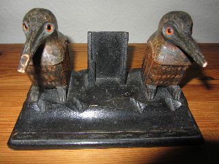 Art Deco Carved Wood Birds Inkwell Inkstand Pen Tray & Calendar photo