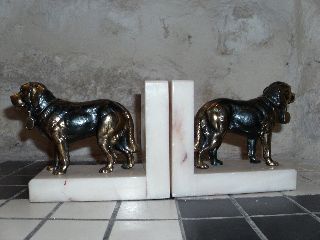 A Pair Of Art Deco Bookends With Saint Bernard Dogs & Barrels On Marble Bases photo