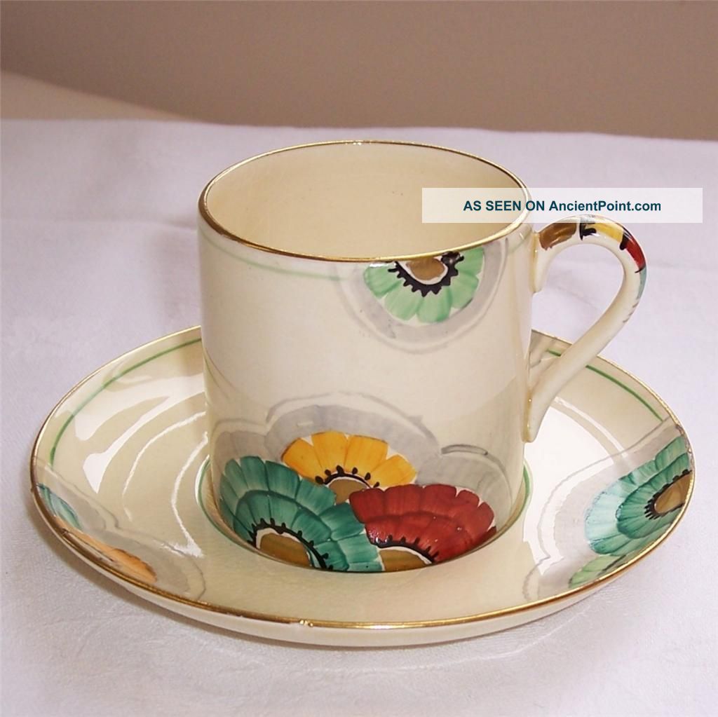 1930s Art Deco Crown Devon Coffee Can Cup & 2 Saucers Hand Painted Flower Design Art Deco photo