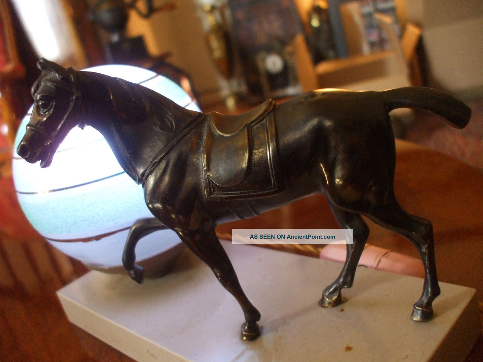French Art Deco Horse Statue 1920s Desk Table With Globe Light On Marble Stand Art Deco photo