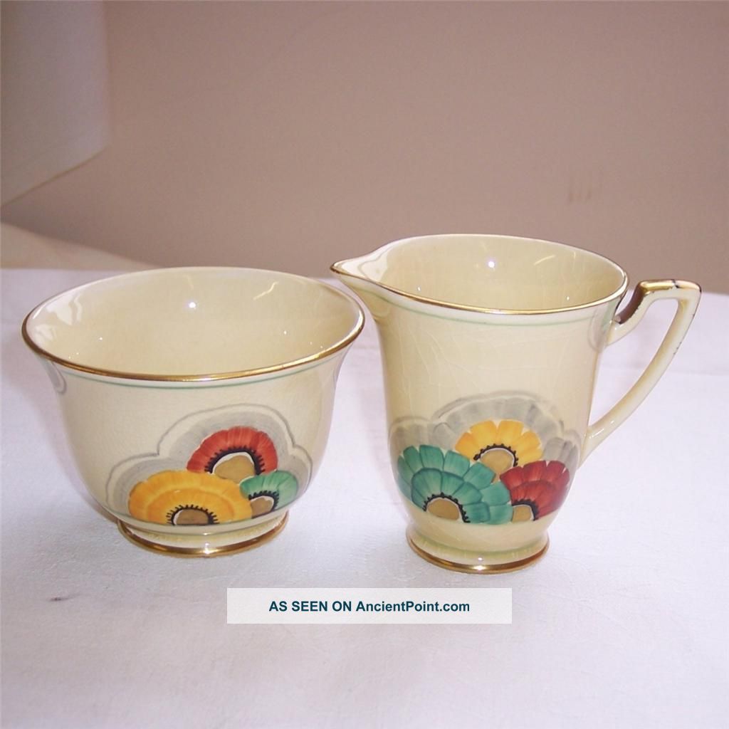 1930s Art Deco Crown Devon Milk Jug & Sugar Bowl Hand Painted Flower Design Art Deco photo