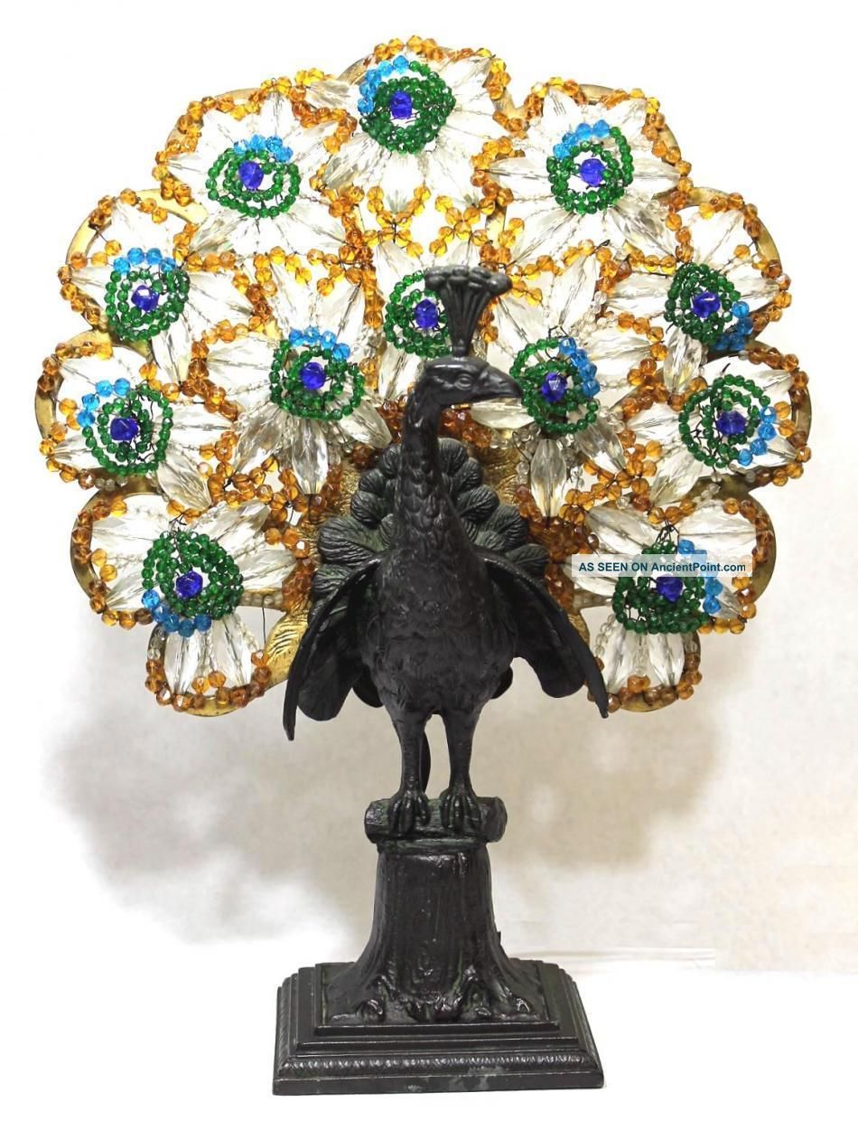 Antique Art Deco Czechoslovakian Czech Peacock Lamp Faceted Glass Beads Nr Lamps photo
