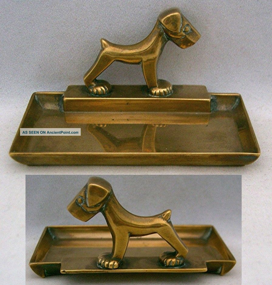 Vintage Art Deco Brass Rectangular Pin Dish,  Stylised Terrier Dog,  1930’s Art Deco photo