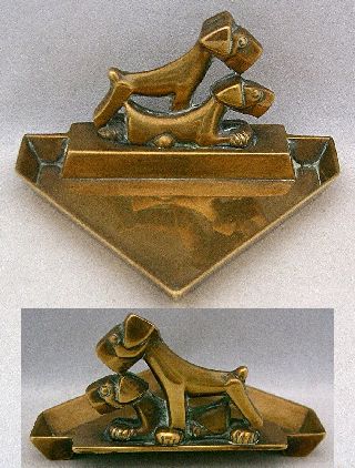 Vintage Art Deco Brass Triangular Pin Dish,  2 Stylised Terrier Dogs,  1930’s photo