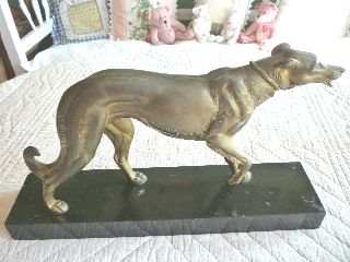 French Art Deco Spelter Statue Of A Greyhound On Granit Base C1920s photo