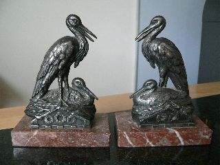 2 Vintage French Art Deco Silver Plated Fireplace Mantle Garniture Stork Figures photo