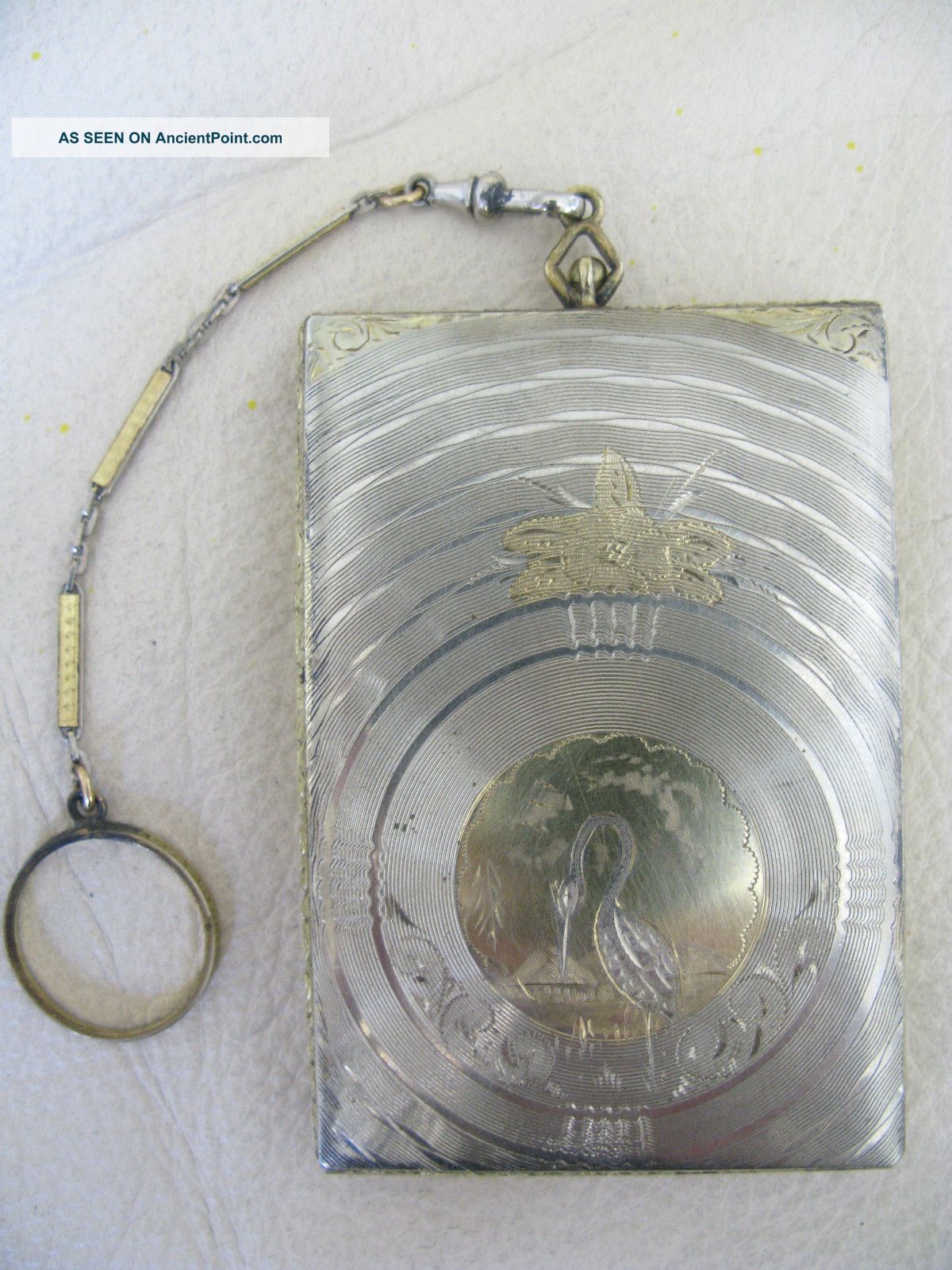 Vintage Art Deco Watch Fob Chain Engraved Silver Gold Flamingo Bird Compact Art Deco photo