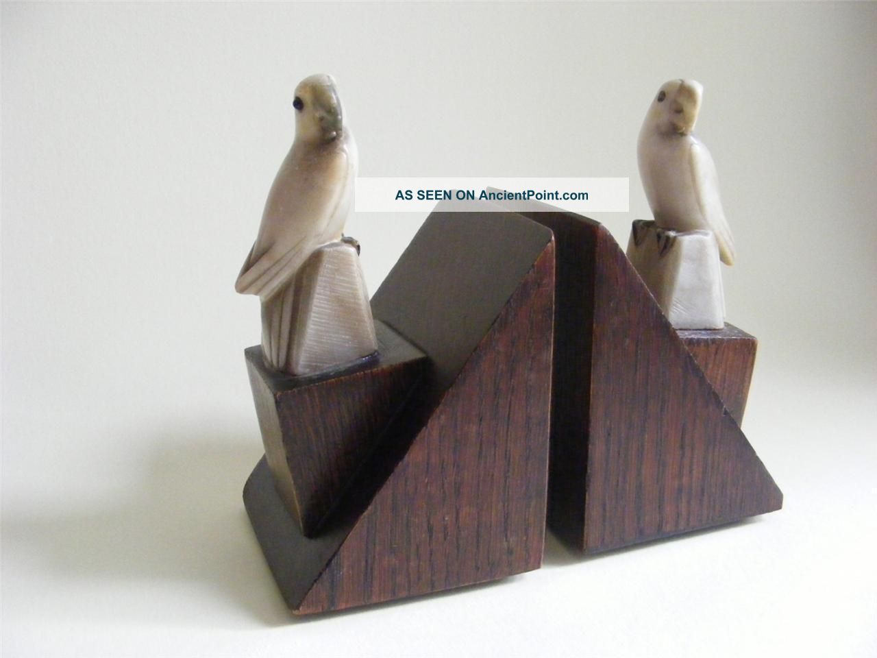Pair Of Art Deco Wooden Bookens With Marble Parrot Detail Art Deco photo