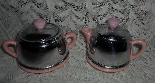 Pretty Art Deco Period Chrome Over Ceramic Milk Jug & Sugar Bowl - English Made photo