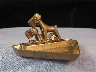 Art Deco Brass Pin Card Clip Tray Scottie Dog Terrier Tray Desktop photo