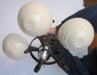 Antq Art Deco Chandelier Ceiling Fixture 5 Light / 3 Globes Custard Glass/chrome photo