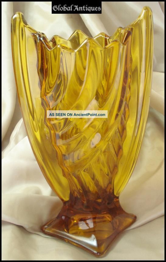 1930s Antique Art Deco Amber Crystal Glass Vase Vases photo