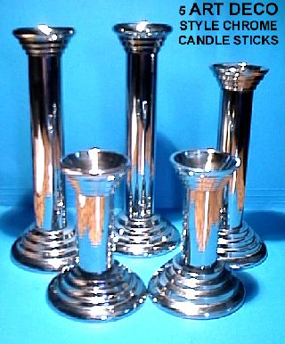 5 Art Deco Curvilinear Zigguratu Chase Style Heavy Chromium Metal Candle Sticks photo