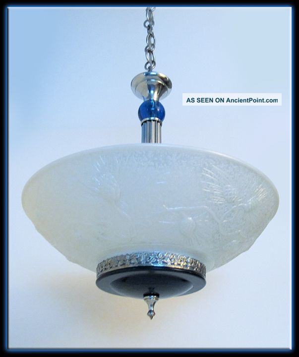 1930s Gill Glass Deco Hollywood Glam Cobalt Blue Melrose Hanging Light Fixture Art Deco photo