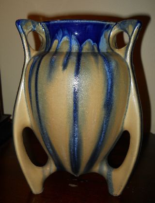 Stunning Rare Deco Futuristic Winged Drip Pottery Vase Gorgeous Blue Cream Glaze photo
