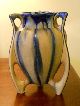 Stunning Rare Deco Futuristic Winged Drip Pottery Vase Gorgeous Blue Cream Glaze Art Deco photo 4