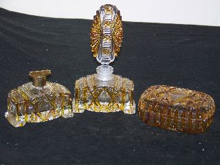 Bohemian Crystal Cut Amber Glass Art Deco Style Perfume Vanity Set photo