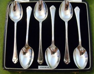Vintage 1938 Boxed Set Six Solid Silver Art Deco Spoons By Arthur Price & Co photo