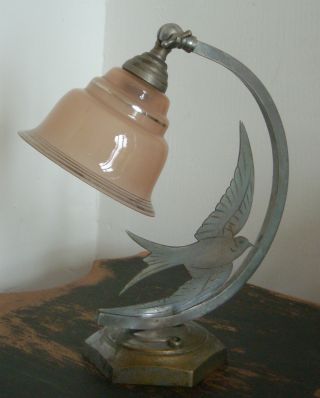 Vintage Art Deco French Nickel Plated Bronze Swallow Bird Lamp Pink Glass Shade photo
