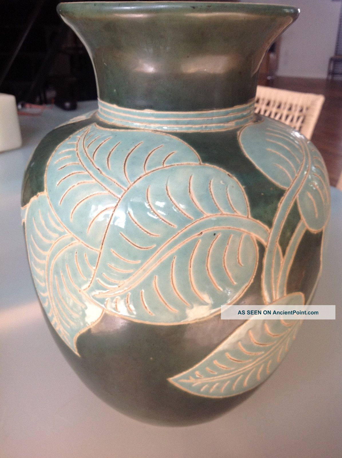 Large Art Deco Vase; Incised Leaf Pattern; Two Tone Green; Signed Vases photo