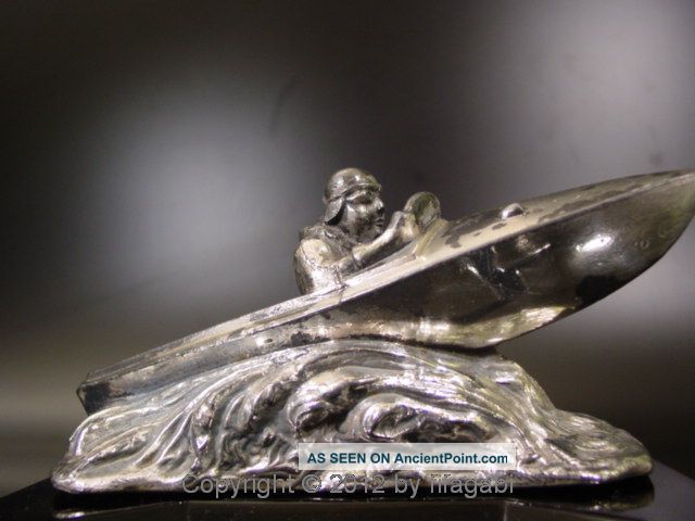 Art Deco Silver Plated Racing Boat Ashtray Black Slag Glass Modernism Signed Art Deco photo