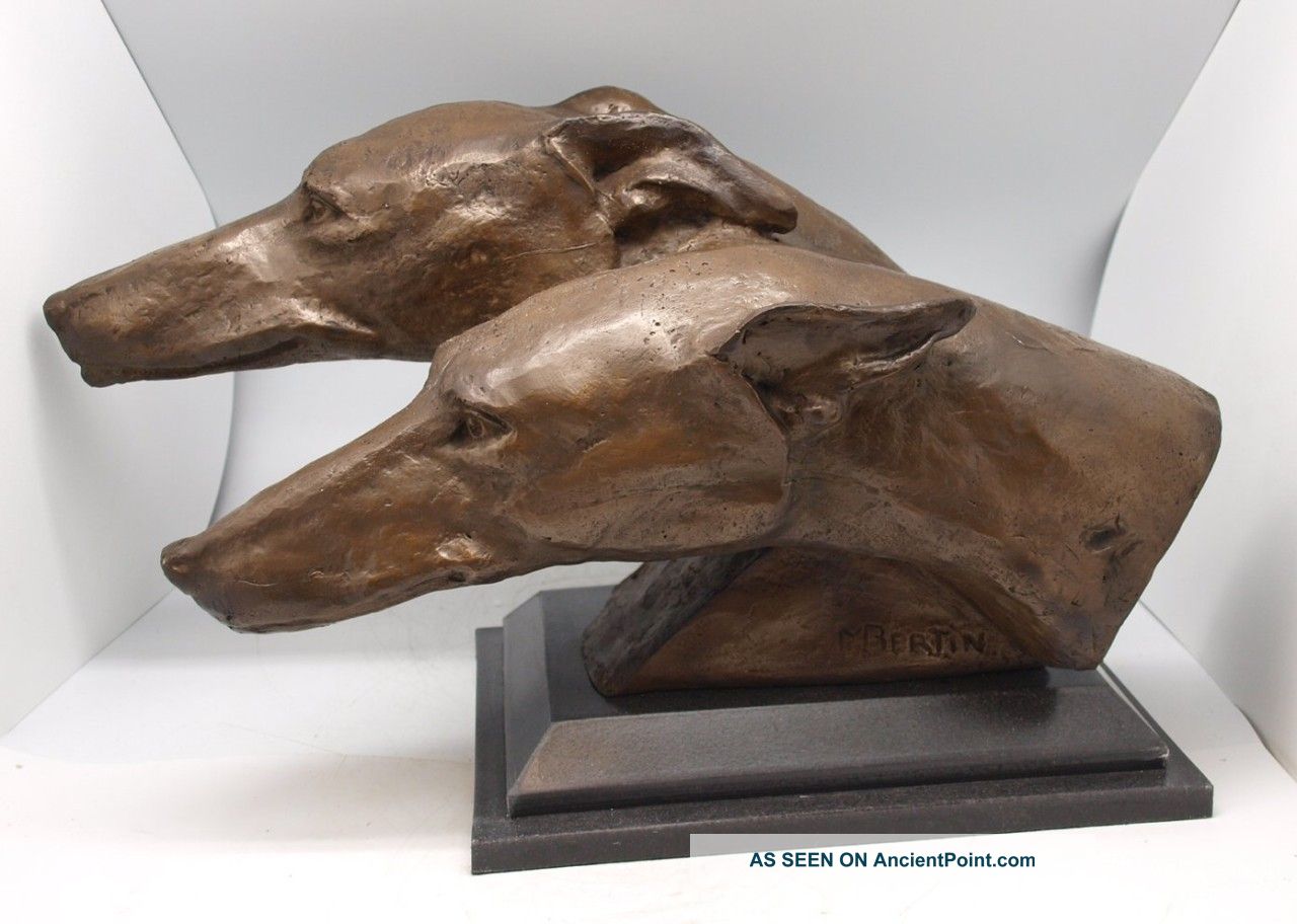 Art Deco Cold Cast Bronze & Marble Greyhound Dogs Bust - Signed Bertin Art Deco photo