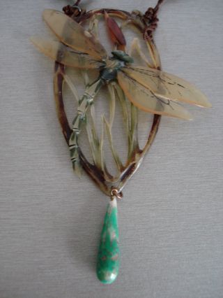 Elizabeth Bonte Art Nouveau 1920 ' S Horn Dragonfly Polished Bead Necklace Signed photo