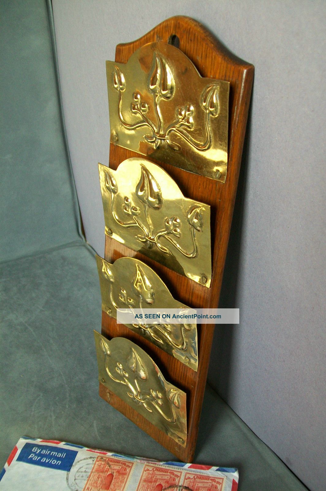 C.  1915 English Art Nouveau Brass And Oak Letter Rack; Wall Mounting Art Nouveau photo