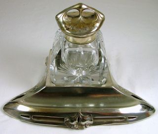 Art Nouveau Inkwell Silverplate And Cut Crystal photo
