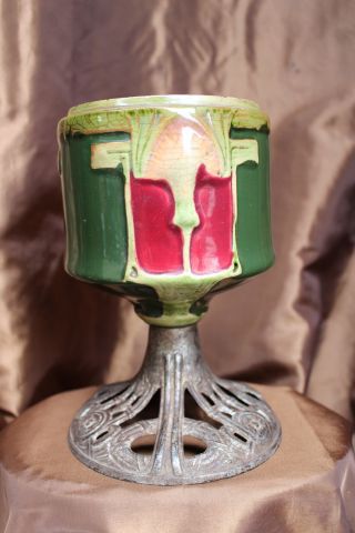 Art Nouveau Majolica Kerosene Oil Lamp Ca.  With Cast Iron Base photo