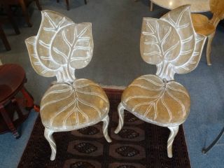 Vintage Art Nouveau Hand Carved Leaf Shaped Chairs Italian photo