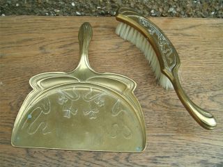 Art Nouveau Design Brass Crumb Tray & Brush photo