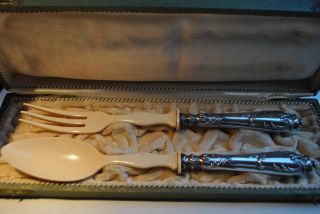 Art Nouveau German 800 Solid Silver Faux Ivory Large Server Fork Spoon Set - Fzm photo