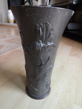 Stunning Art Nouveau Pewter Vase With Fine Raised Poppy Design C1905 photo