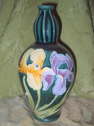 Antique Art Nouveau Continental Majolica Melon Iris Purple Cream Teal Vase Mark photo