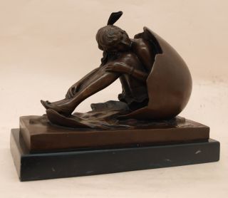 Art Nouveau Bronze Lady Emerging From Egg Shell - Signed - Solid Marble Base photo