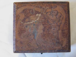 Antique Victorian Art Nouveau Mucha Woman Grapes Pyrography Flemish Art Wood Box photo