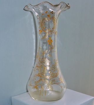 Antique Nouveau Glass Vase Gilt Hand Painted Rococo Floriform Austrian Or French photo
