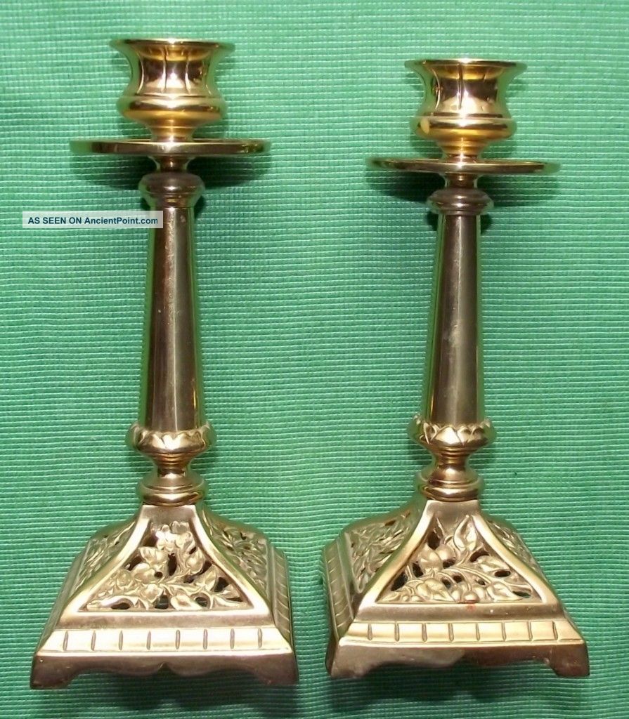 Pair Art Nouveau Pierced Design Brass Candlesticks 7.  25 