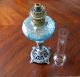 Antique French Brass Marble Column Spelter Footed Aqua Blown Glass Res.  Oil Lamp Lamps photo 9