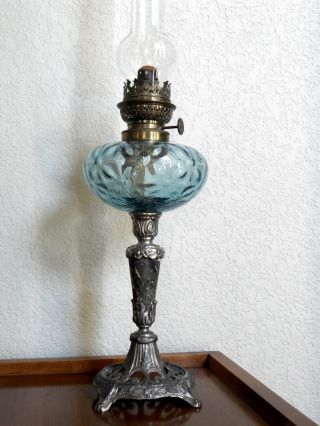 Antique French Brass Marble Column Spelter Footed Aqua Blown Glass Res.  Oil Lamp photo
