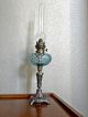 Antique French Brass Marble Column Spelter Footed Aqua Blown Glass Res.  Oil Lamp Lamps photo 1